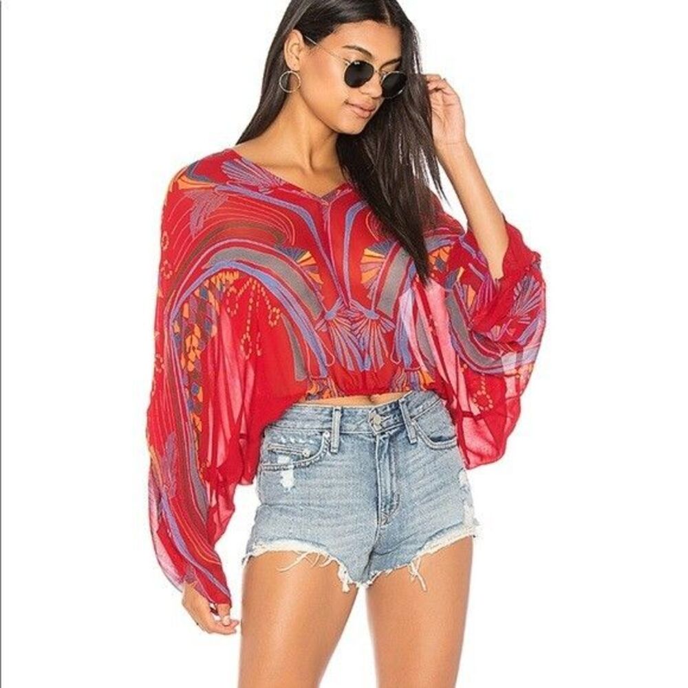 Free People Beneath the Sea Blouse S Boho Flowy Sheer Indie Vibrant Festival